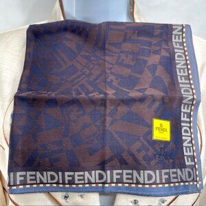 New W/Tag fendi Unisex Silk Miniscarf /Handker 20" Brown Back Silver Logo (99